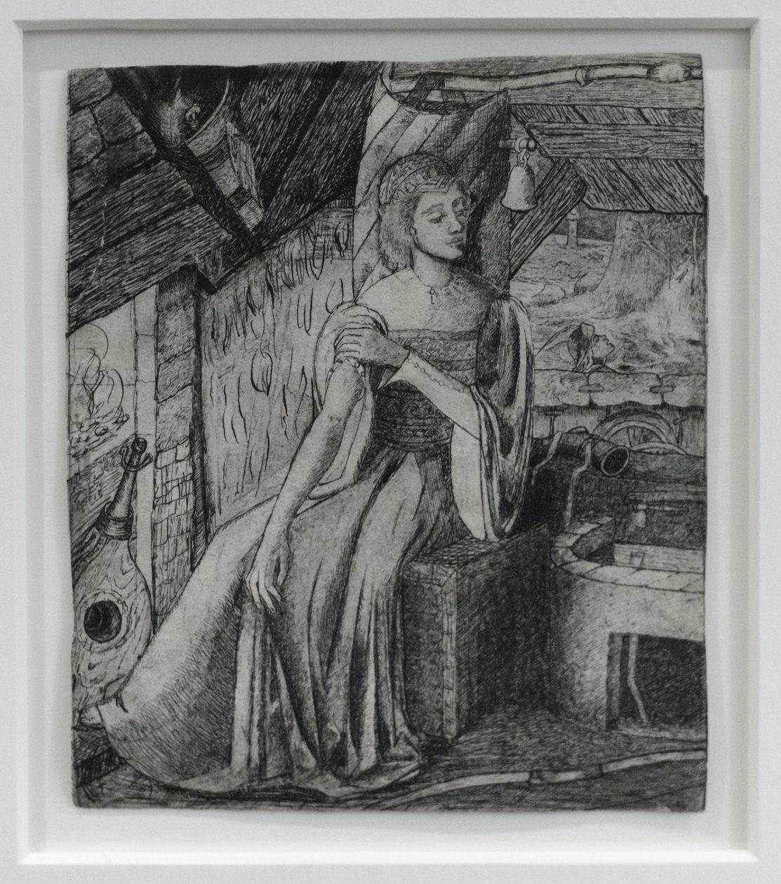 Tuntematon kuva-aihe, mahdollisesti Amorin tytär takomon äärellä, noin 1857 (kynä, lyijykynä paperille). tekijältä Edward Coley Burne Jones