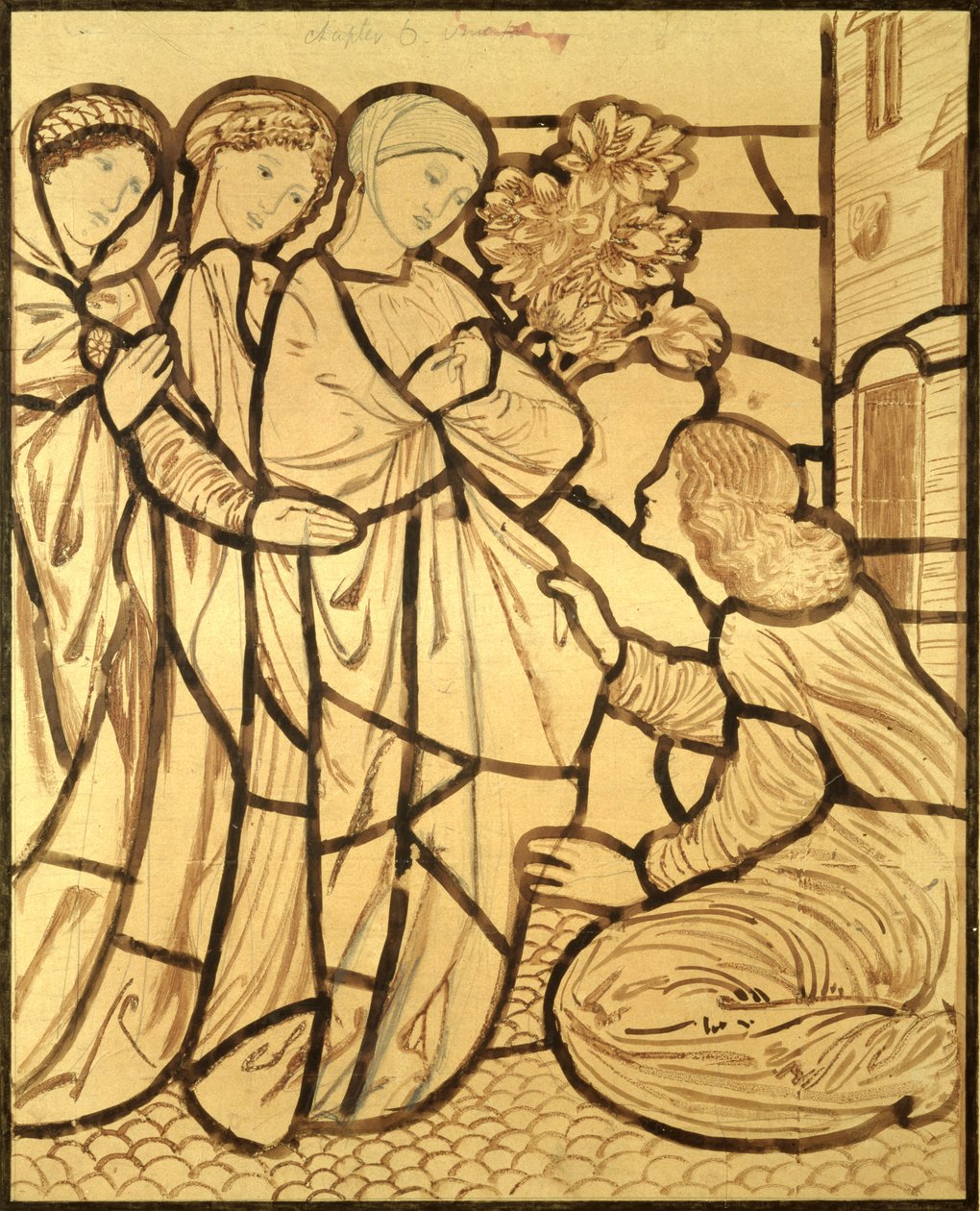 Minne rakkaasi on mennyt, oi sinä kaunein naisten joukossa (sivellin, muste ja kynä paperille) tekijältä Edward Burne Jones