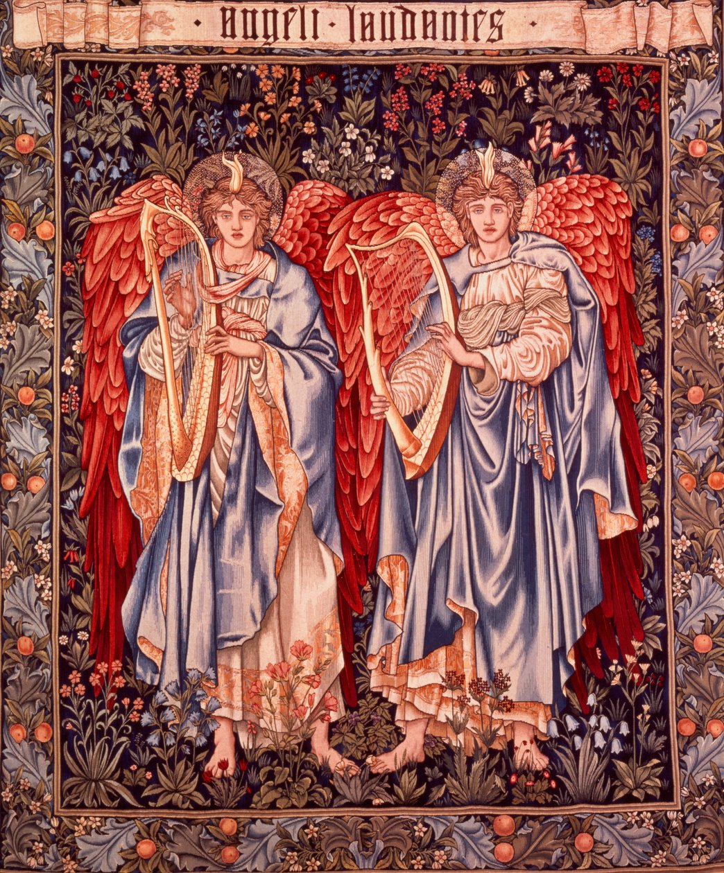 Angeli Laudantes, Henry Dearlen suunnittelema kuvakudos Edward Burne-Jonesin hahmoilla, jotka on piirretty alun perin 1877/1878, Morris and Co.:n Merton Abbeyssa vuonna 1894 kutoma (villaa ja silkkiä puuvillalla) tekijältä Edward Coley and Dearle John Henry Burne Jones 