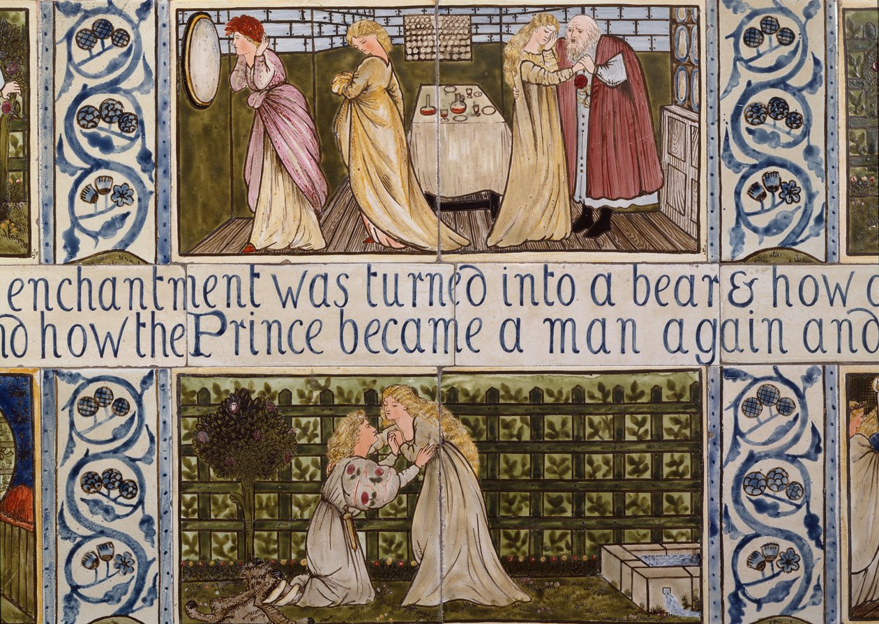 Kaunottaren ja hirviön tarinaa esittävä laattataulu Birket Fosterin talosta Witleystä, Surreysta, noin 1862 (keramiikka). tekijältä Edward Coley & Morris William (1834-96) Burne-Jones