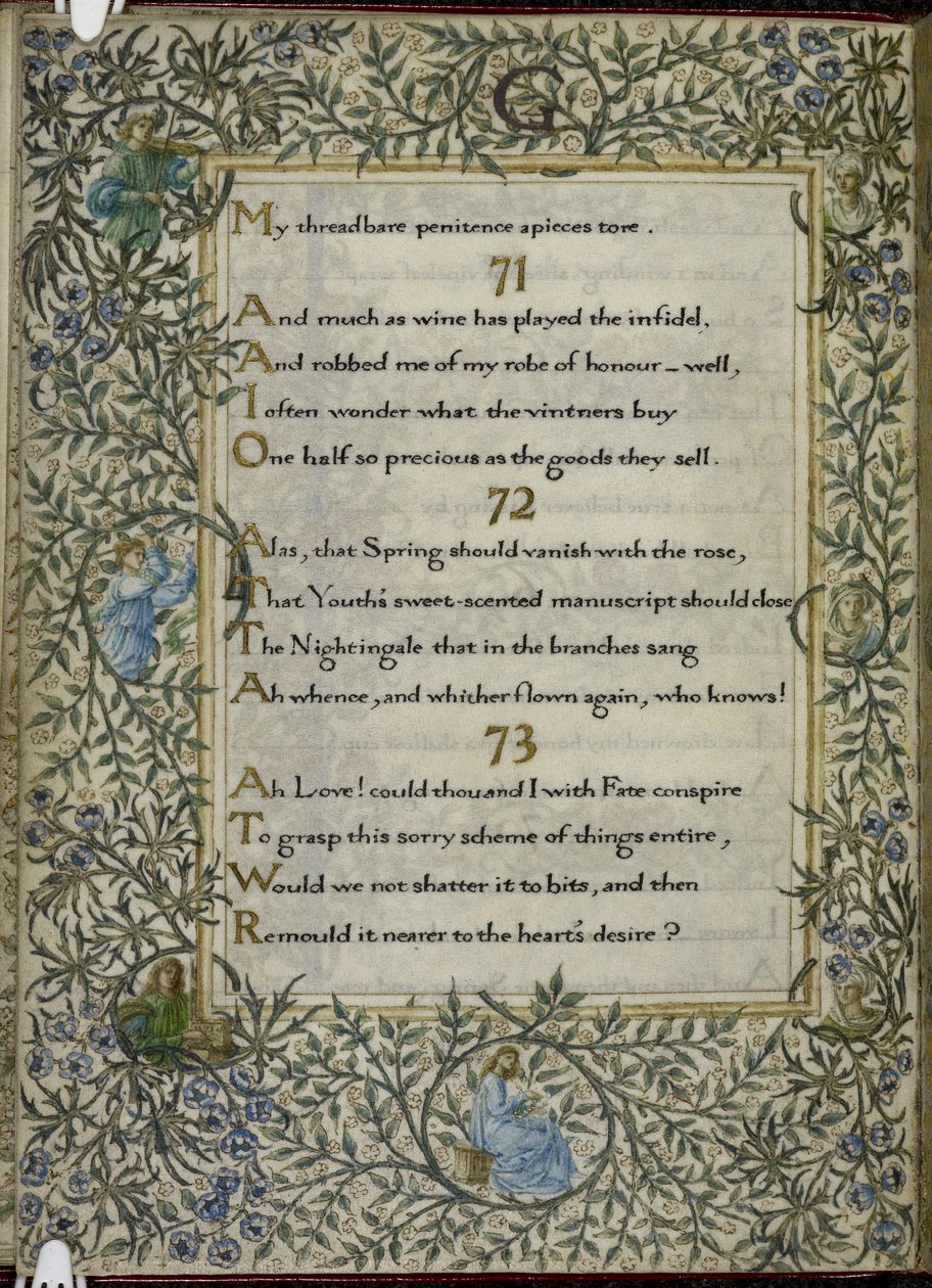 (Koko folio) Omar Khayyamin rubaiyat, säkeet 71 - 73. C tekijältä Edward Coley and Morris William Burne Jones
