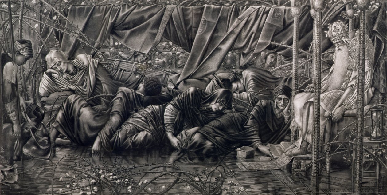 Huonekalut ja erilaiset esineet 1100- ja 1300-luvuilta tekijältä Edward Coley after Burne Jones