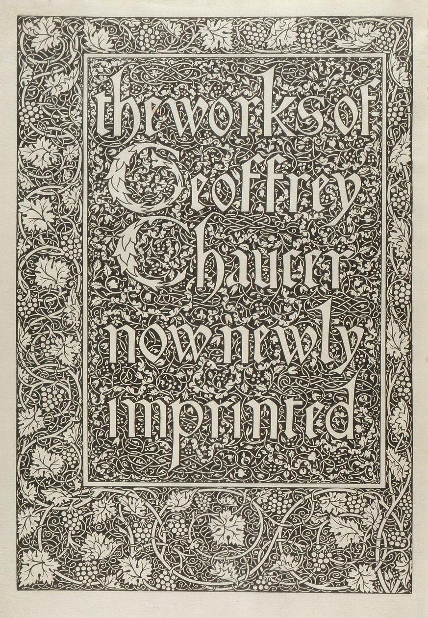 Nimisivu, Geoffrey Chaucerin teoksista nyt äskettäin painettu, kaivertanut William Morris (1834-96) 1896 tekijältä Edward Coley after Burne Jones