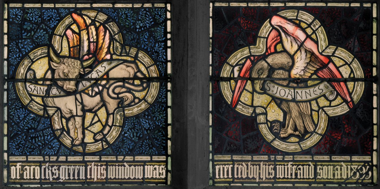Birmingham, Acocks Green, St Mary The Virgin, Morris & Co., Edward Burne-Jones, John Henry Dearle (1859-1932), Evankelistojen, Luukkaan ja Johanneksen symbolit, 1895. tekijältä Edward Coley and Dearle Burne Jones