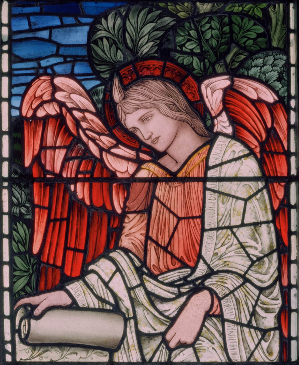Birmingham, Acocks Green, St Mary The Virgin, Morris & Co., Edward Burne-Jones, John Henry Dearle (1859-1932), Enkeli ja käärö, yksityiskohta, 1895. tekijältä Edward Coley and Dearle Burne Jones