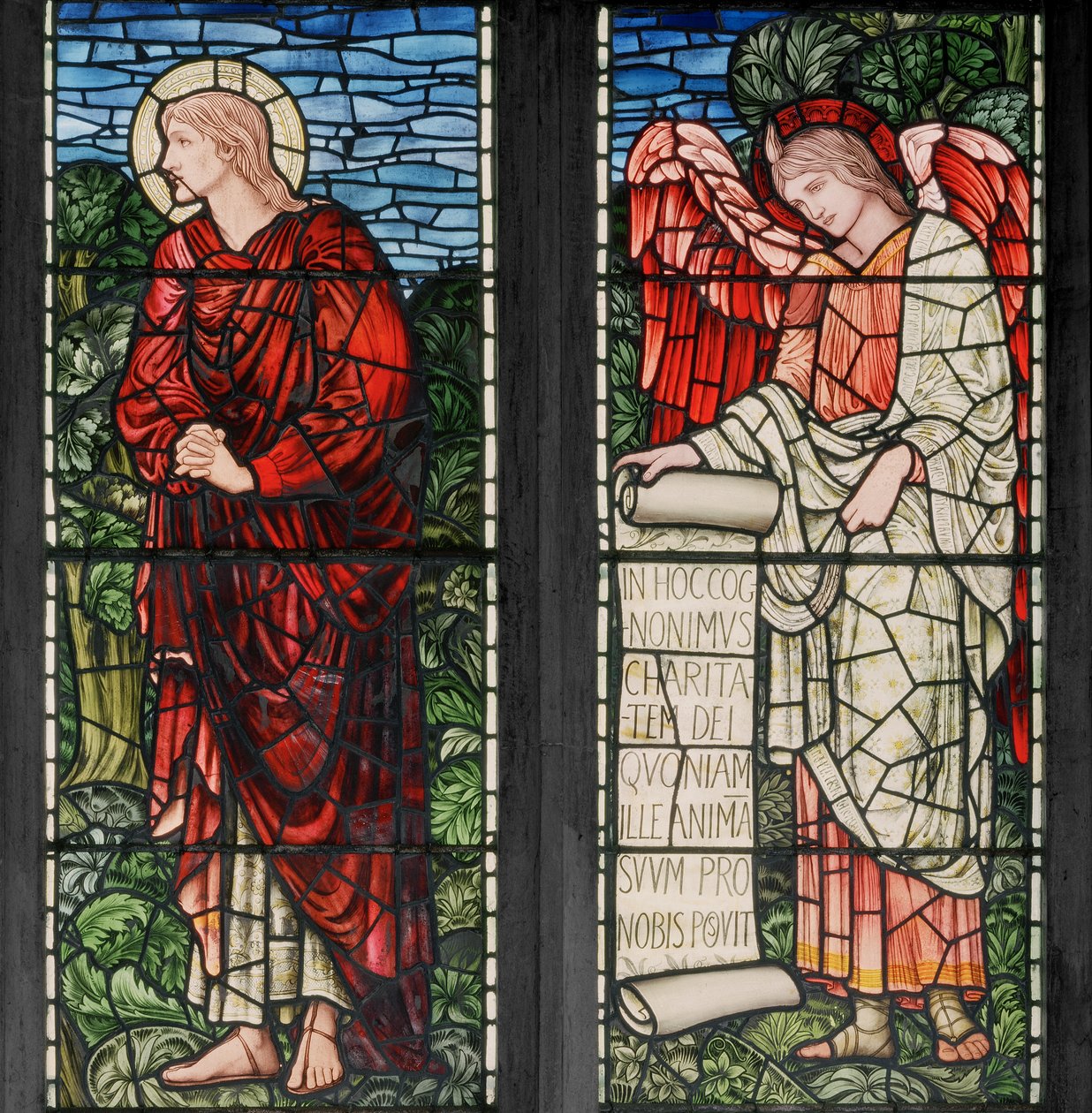 Birmingham, Acocks Green, St Mary The Virgin, Morris & Co., Edward Burne-Jones, John Henry Dearle (1859-1932), Pyhä Johannes ja enkeli käärön kanssa, 1895. tekijältä Edward Coley and Dearle Burne Jones