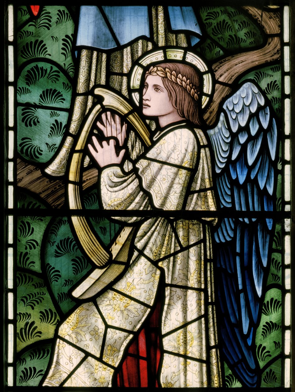Wilden, All Saints, Morris & Co., Edward Burne-Jones, John Henry Dearle (1859-1932), Paratiisin enkelit, Enkelimuusikot, yksityiskohta, 1902-1914, Louisa, Alfred, The Baldwins, pääministeri, metodisti, Wo tekijältä Edward Coley and Dearle Burne Jones