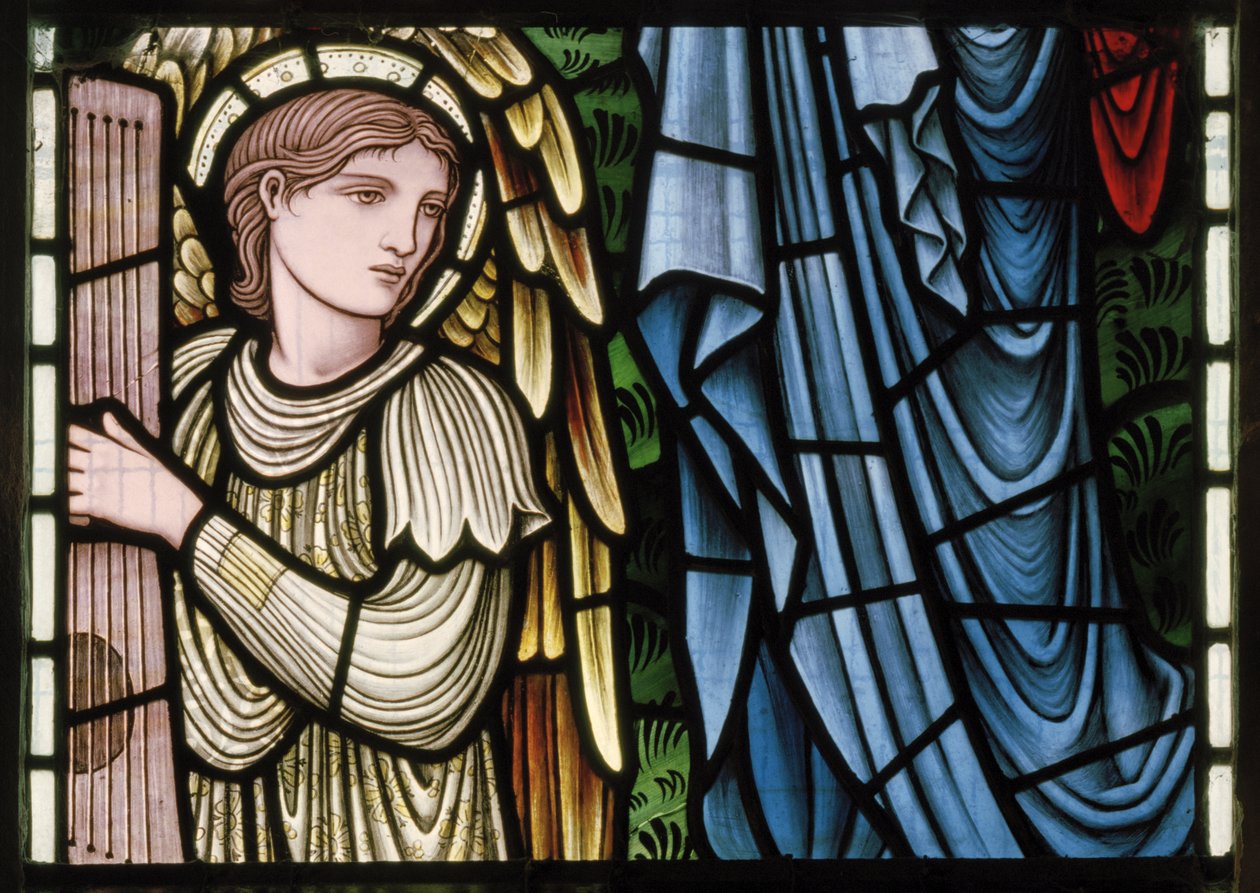 Wilden, All Saints, Morris & Co., Edward Burne-Jones, John Henry Dearle (1859-1932), Paratiisin enkelit, Enkelimuusikot, yksityiskohta, 1902-1914, Louisa, Alfred, The Baldwins, pääministeri, metodisti, Wo tekijältä Edward Coley and Dearle Burne Jones