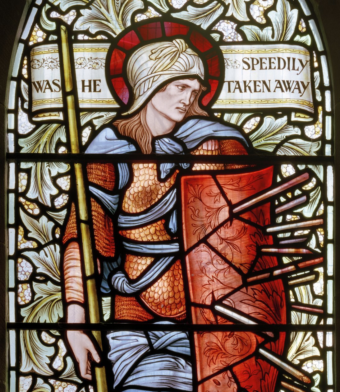 Wilden, All Saints, Morris & Co., Edward Burne-Jones, John Henry Dearle (1859-1932), Fortitude, yksityiskohta, 1902-1914, Louisa, Alfred, Baldwinit, pääministeri, metodisti, Worcestershire, taide ja käsityöt tekijältä Edward Coley and Dearle Burne Jones