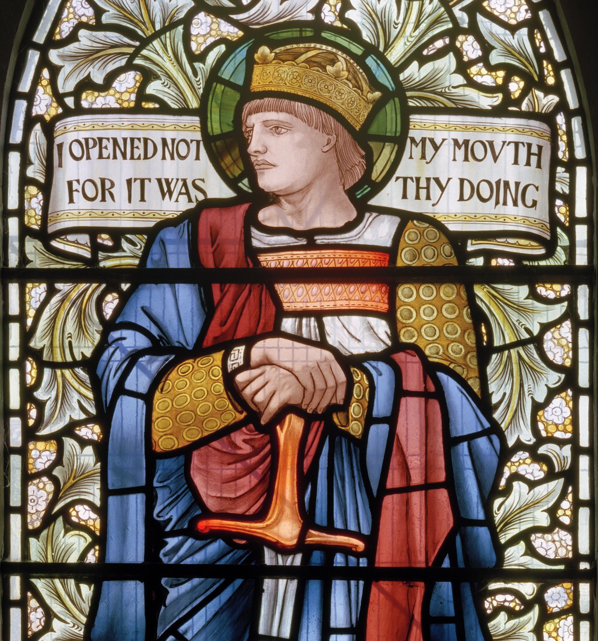 Wilden, All Saints, Morris & Co., Edward Burne-Jones, John Henry Dearle (1859-1932), Kuningas Ethelbert, yksityiskohta, 1902-1914, Louisa, Alfred, Baldwinit, pääministeri, metodisti, Worcestershire, taide ja taideteollisuus. tekijältä Edward Coley and Dearle Burne Jones