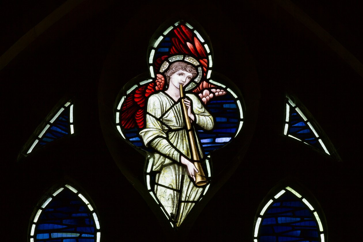 Wilden, All Saints, Morris & Co., Edward Burne-Jones, John Henry Dearle (1859-1932), Tracery Angel, Angel Musicians, 1902-1914, Louisa, Alfred, The Baldwins, pääministeri, metodisti, Worcestershire, tekijältä Edward Coley and Dearle Burne Jones