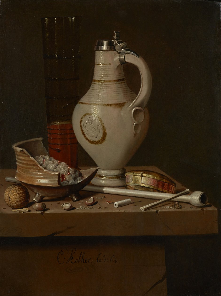 Asetelma tupakointivälineineen ja olutmukineen, 1664 tekijältä Edward Collier
