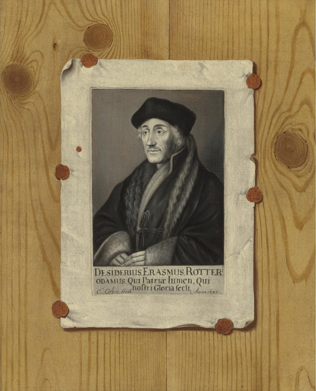 Trompe loeil Asetelma Erasmus Rotterdamilaisen kaiverruksella, 1693 tekijältä Edward Collier