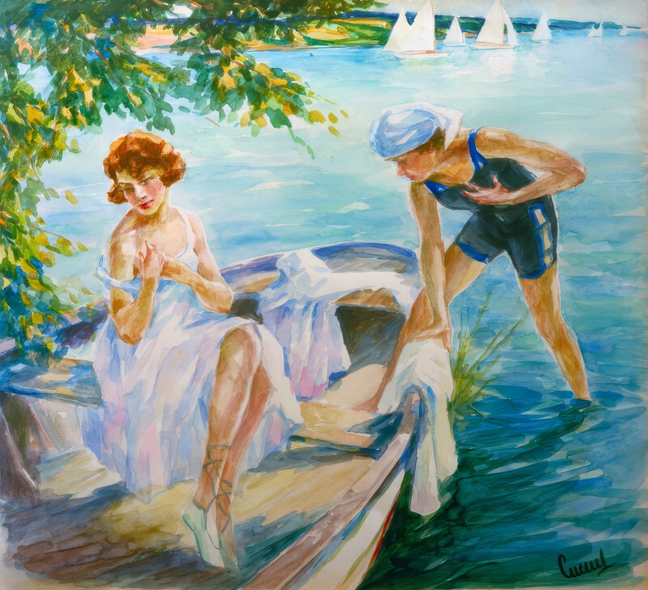 Kesäpäivä järvellä kahden nuoren naisen kanssa veneessä tekijältä Edward Cucuel