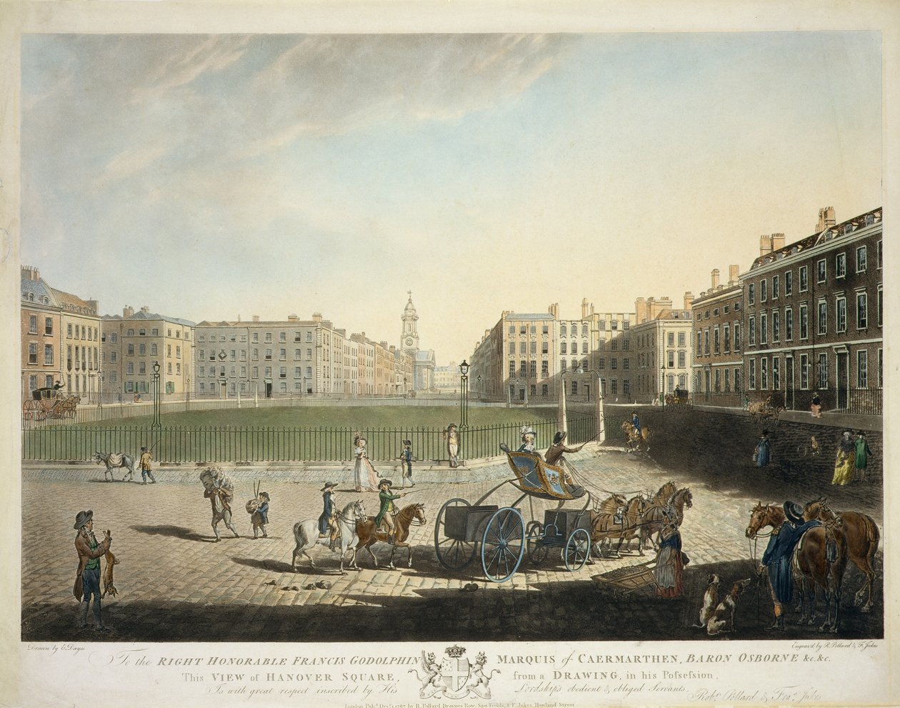 Hannover Square, kaiverrus Robert Pollard (1755-1838) ja Francis Jukes (1747-1812) 1787 (katso myös 20864) tekijältä Edward Dayes