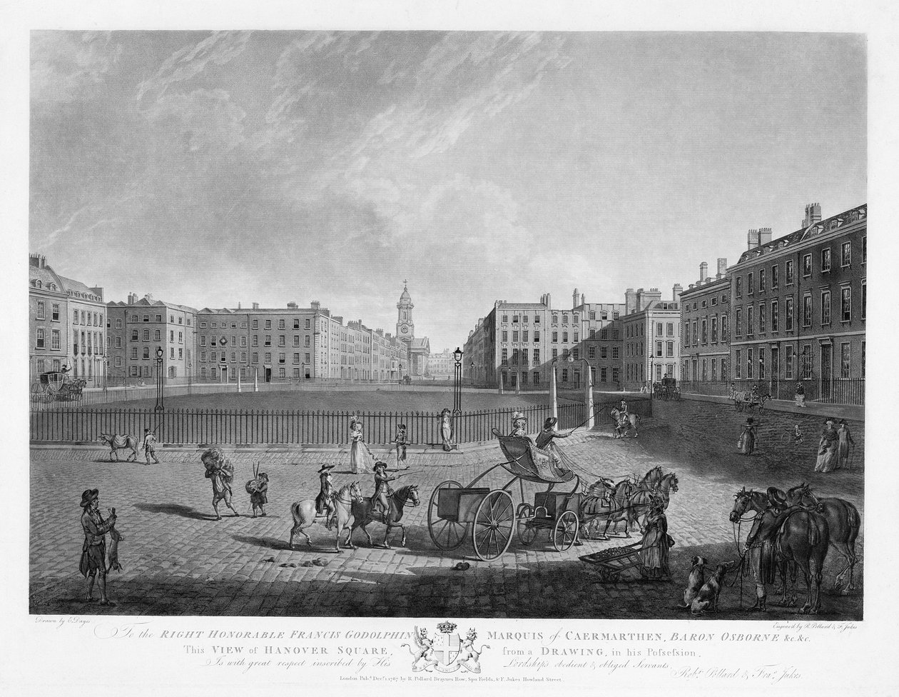 Hanover Square, neljän Lontoon aukion näkymän sarjasta, kaiverrettu Robert Pollardin (1755-1838) ja Francis Jukesin (1747-1812) kaiverruksesta 1781 (etsaus ja akvatintta). tekijältä Edward Dayes