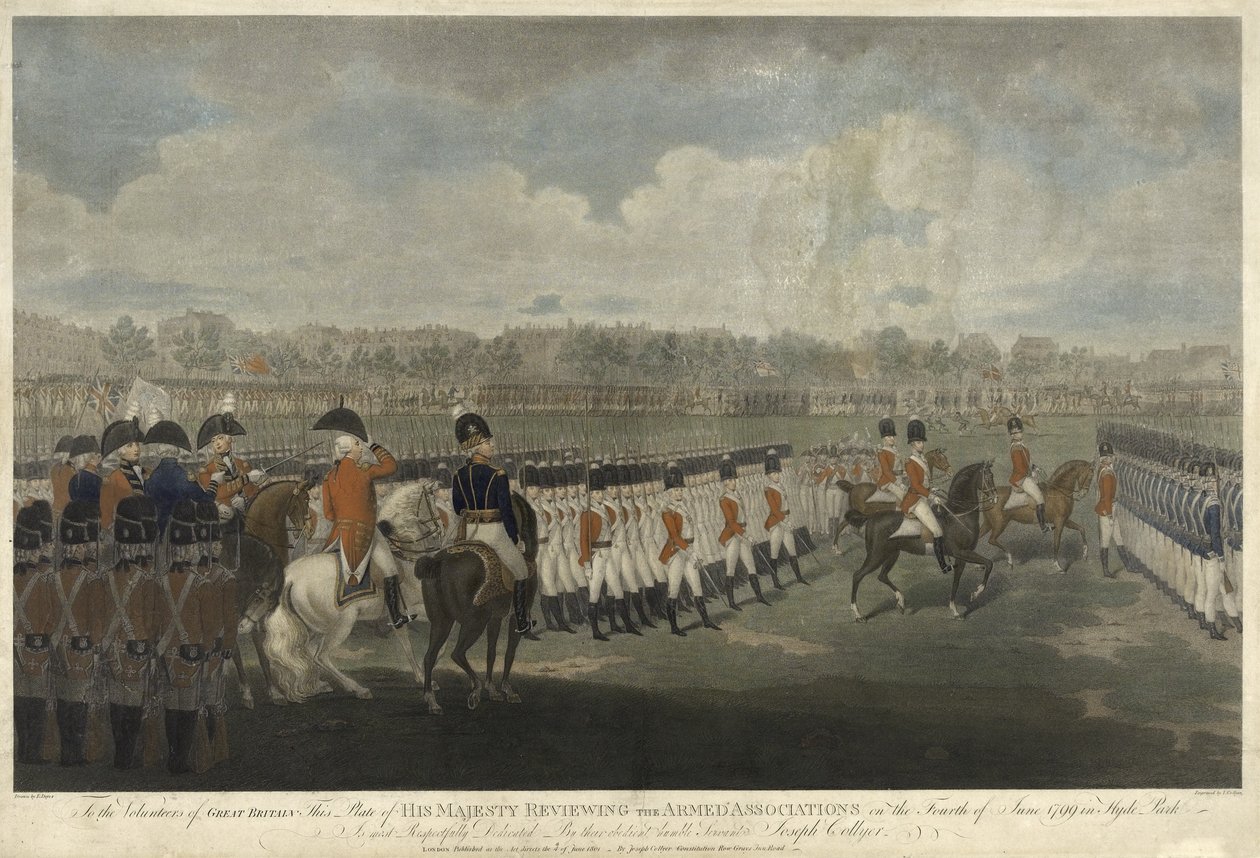 Kuningas arvioi Armed Associationia Hyde Parkissa 4. kesäkuuta 1799, kaivertanut J. Collyer, 1801 (värillinen pistekaiverrus) tekijältä Edward Dayes