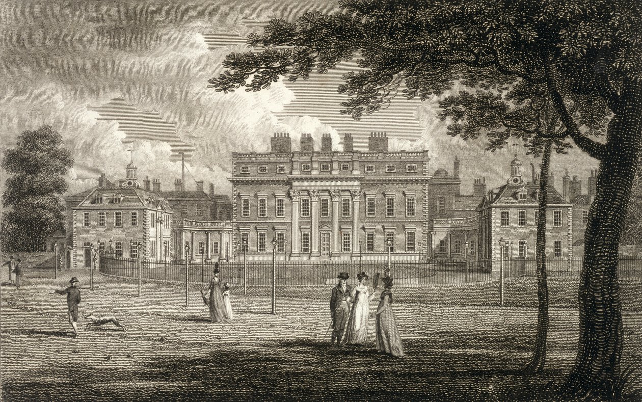 Näkymä Buckingham Housesta, kaivertanut W. Knight, julkaistu 1799 tekijältä Edward Dayes