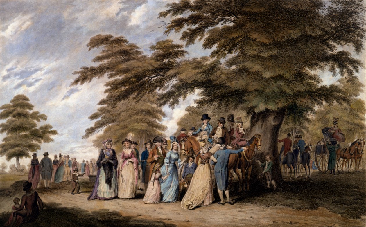 Tuuletus Hyde Parkissa, 1796 värillinen kaiverrus tekijältä Edward Days