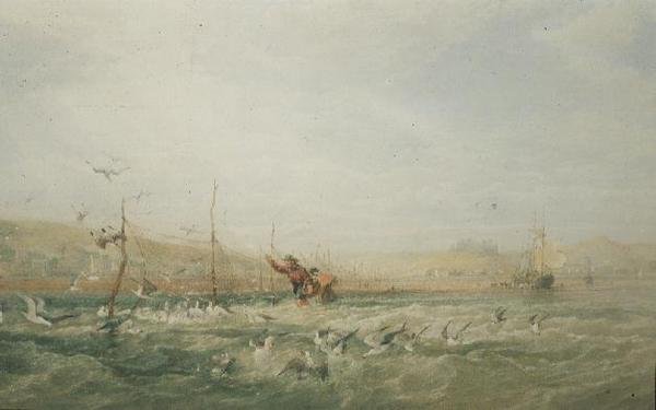 Kalastajat jahtaavat lokkeja verkoista, Mumbles, Etelä-Wales tekijältä Edward Duncan