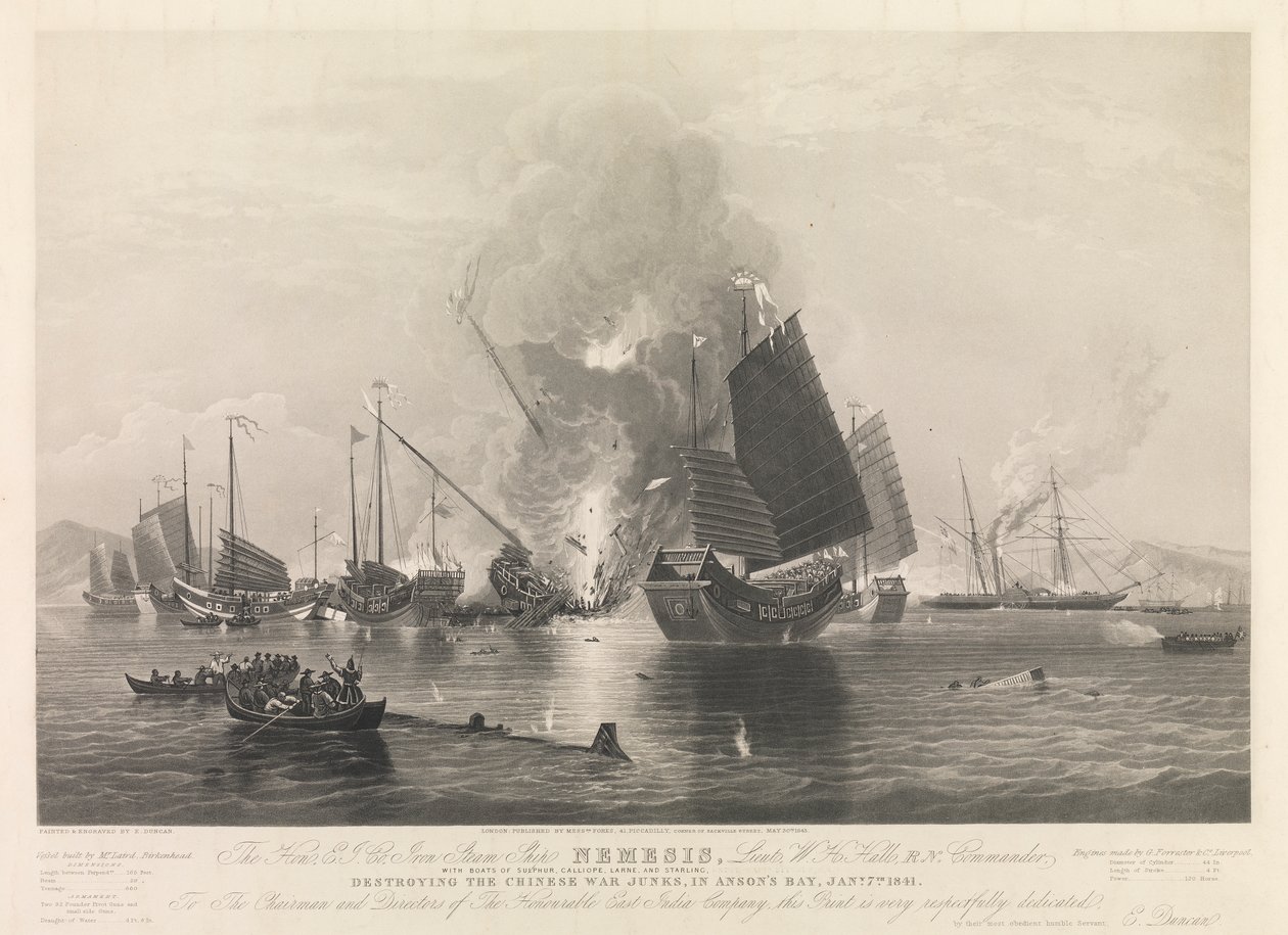 The Hon. E.I. Co. Iron Steam Ship Nemesis, ... with boats of Sulphur, Calliope, Larne and Starling, destroying the Chinese War Junks, in Anson