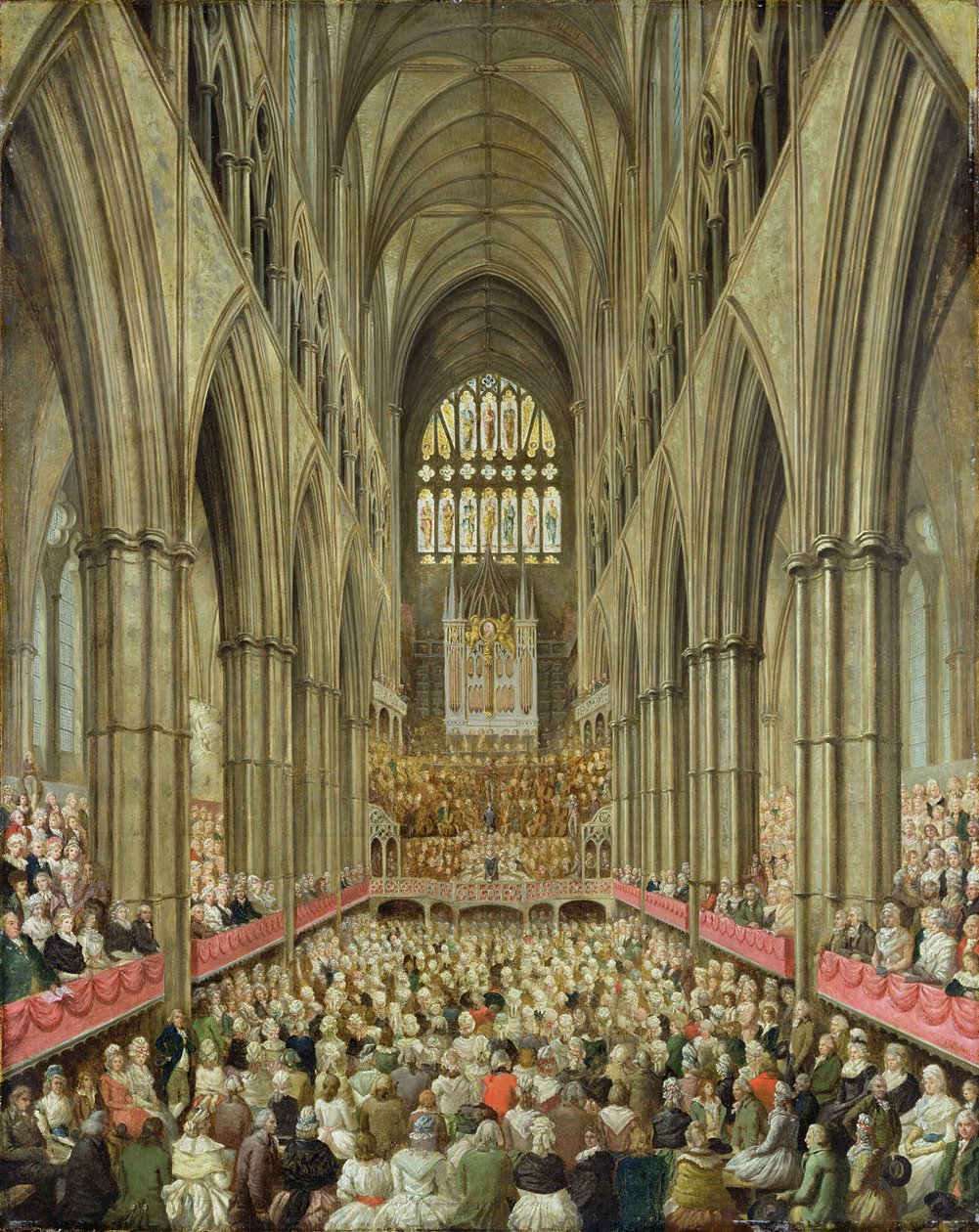 Sisäkuva Westminster Abbeystä Händelin 100-vuotisjuhlan kunniaksi, otettu johtajan lippasta, n. 1793 tekijältä Edward Edwards