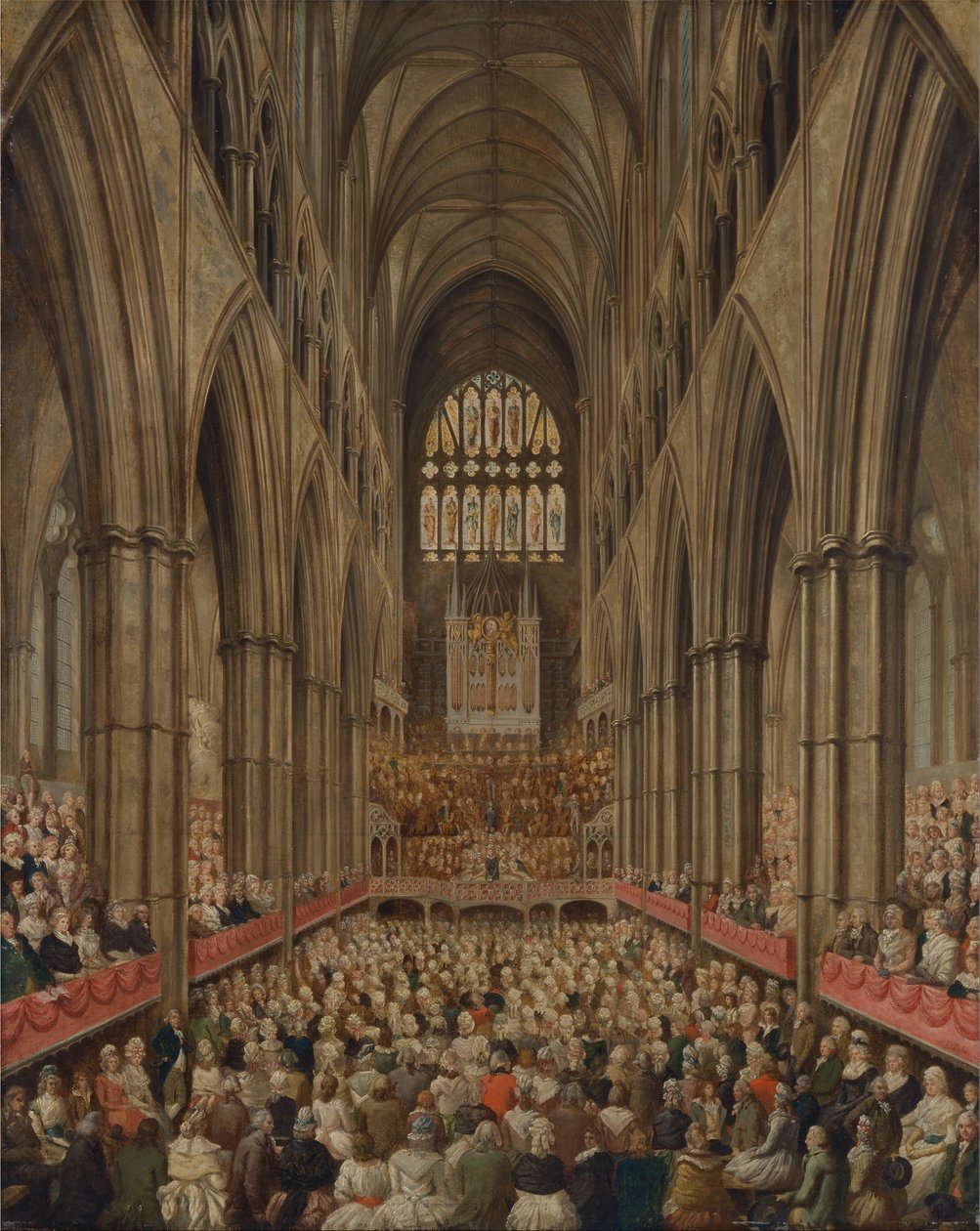 Sisäkuva Westminster Abbeysta Händelin muistopäivänä, kuvattu johtajan aitiopaikalta. tekijältä Edward Edwards