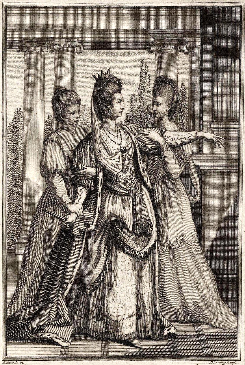 Mary Ann Yates Kleopatrana Drydensin elokuvassa All for Love n.1778. tekijältä Edward Edwards