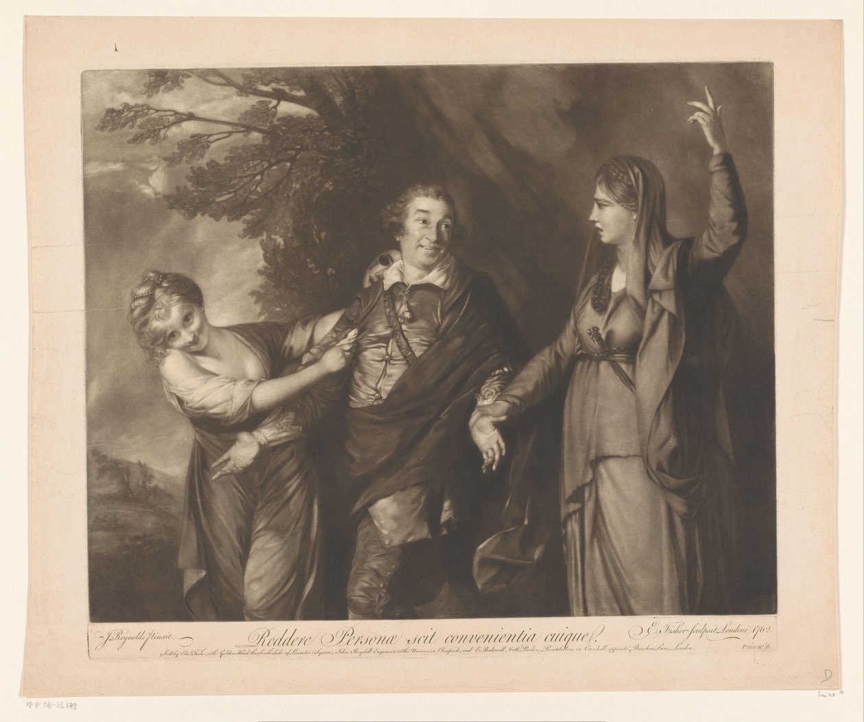 Portret van David Garrick tussen personifioi komediaa ja tragediaa Palauttaakseen henkilö tietää kunkin sopivuuden (nimi esineessä) tekijältä Edward Fisher