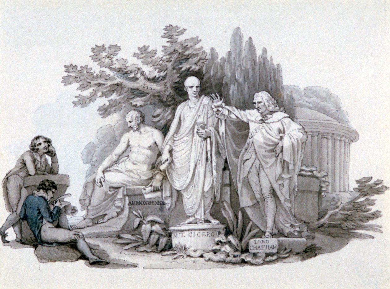 "Kaksi nuorta harkitsemassa Demosthenesin, Ciceron ja Pittin patsaita", c1780-1848 tekijältä Edward Francis Burney