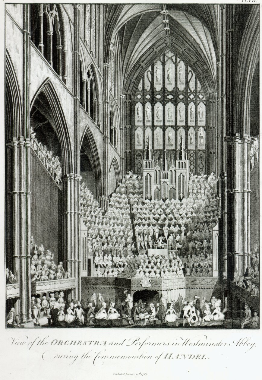 Näkymä orkesterista ja esiintyjistä Westminster Abbeyssa Händelin muistojuhlan aikana, Charles Burney, 1785 tekijältä Edward Francis Burney