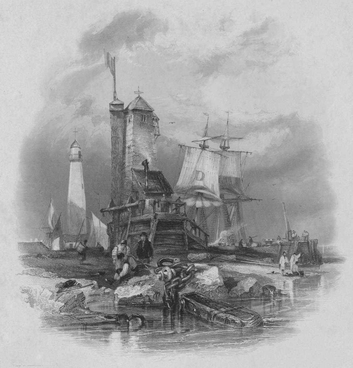 Sunderland: majakka etelälaiturilla, 1836 tekijältä Edward Francis Finden