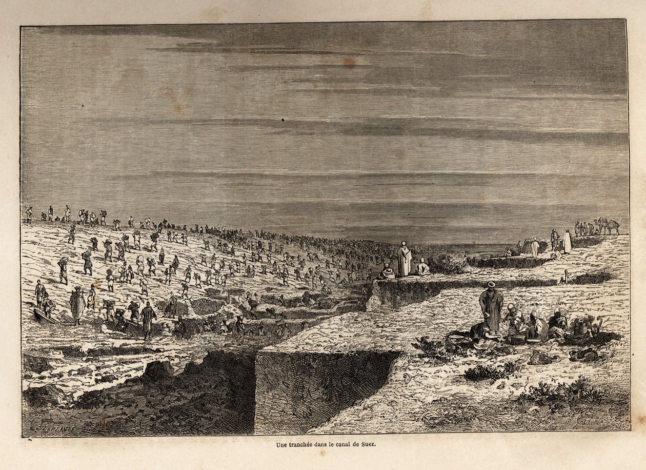 Grenetin piirustus Suezin kanavassa, joka havainnollistaa Paul Merruaun retkiä Suezin kanavalle vuonna 1862. Kaiverrus kirjassa "" Le tour du monde", toimittanut Edouard Charton tekijältä Edward Grenet