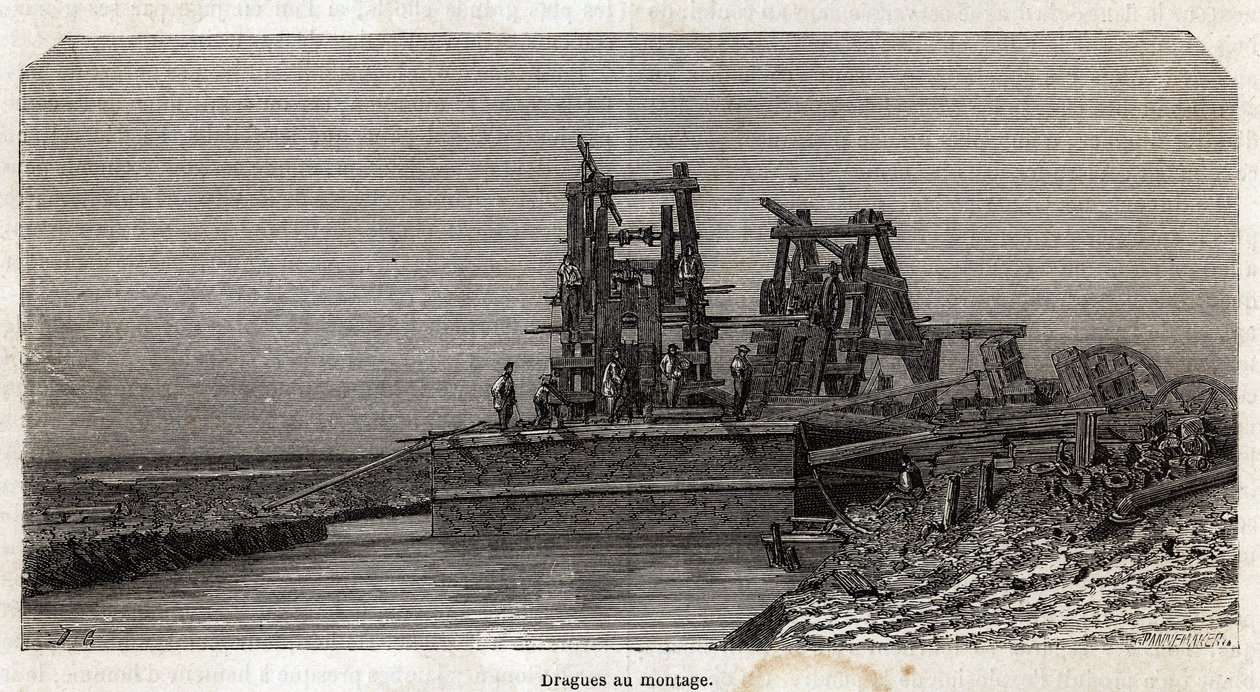 Grenetin piirustukset Suezin kanavalla havainnollistamaan Paul Merruaun retkiä Suezin kanavalle vuonna 1862. Kaiverrus kirjassa "" Le tour du monde", toimittanut Edouard Charton tekijältä Edward Grenet