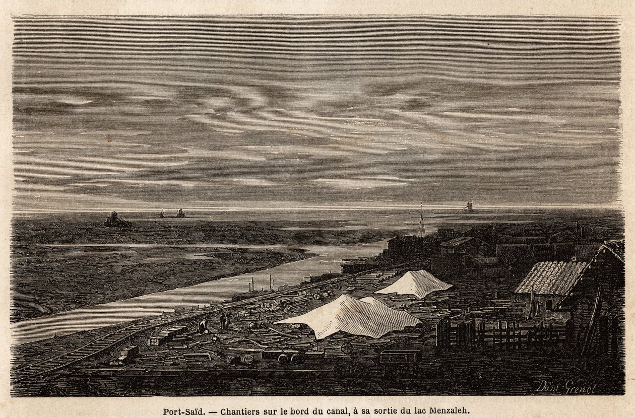 Port Saidin telakat Suezin kanavan reunalla, sen uloskäynnin kohdalla Menzaleh-järvestä. Grenet on piirtänyt Paul Merruaun vuonna 1862 tekemän retken Suezin kanavalle. Kaiverrus kirjassa "" Le tour du monde", toimittanut Edouard Charton tekijältä Edward Grenet