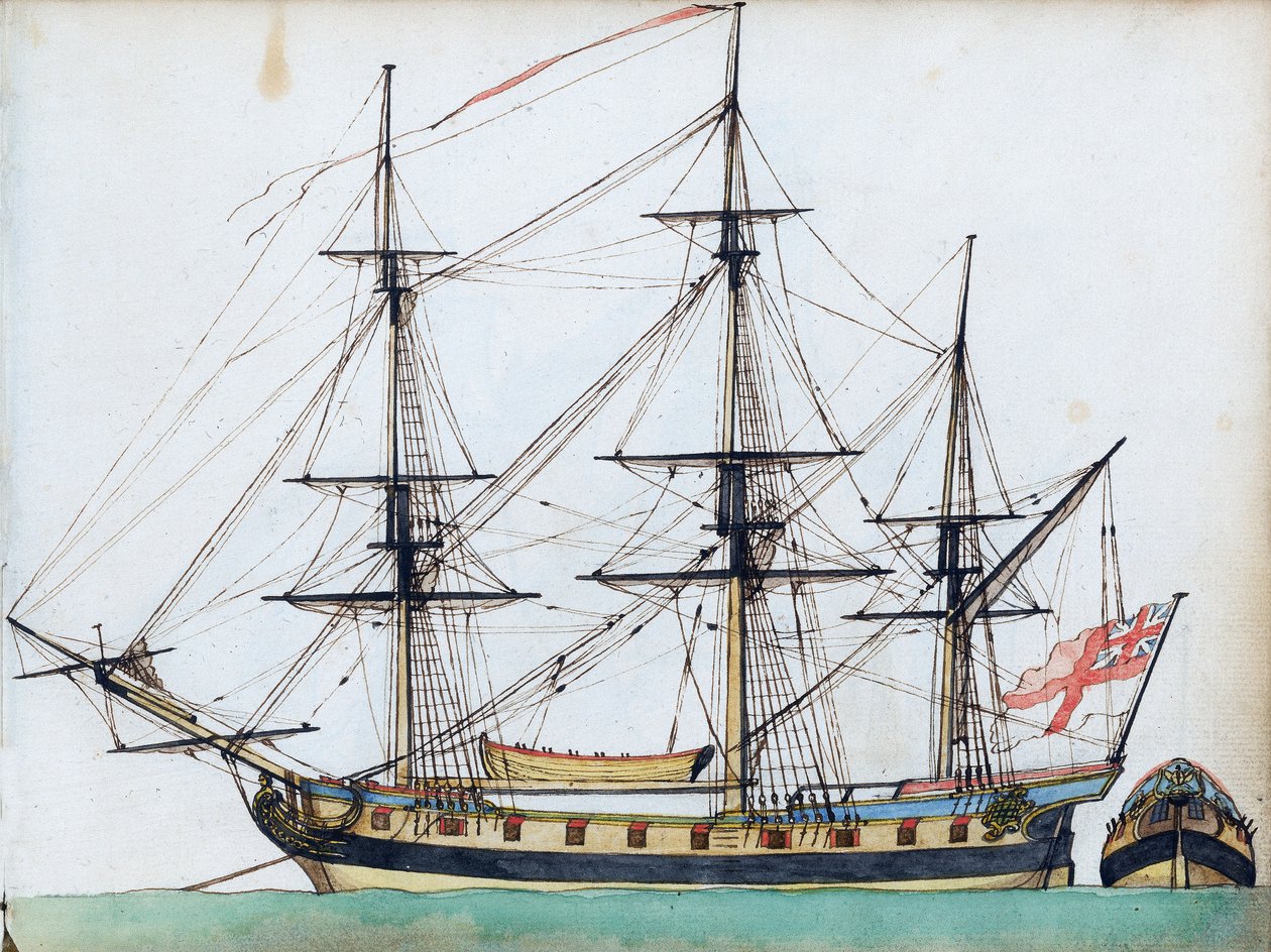Englantilainen 20-tykkinen laiva, jossa takilointi ja laivavene sekä erillinen näkymä perästä, noin 1780 (akvarelli, tussi ja muste ) tekijältä Edward Gwyn