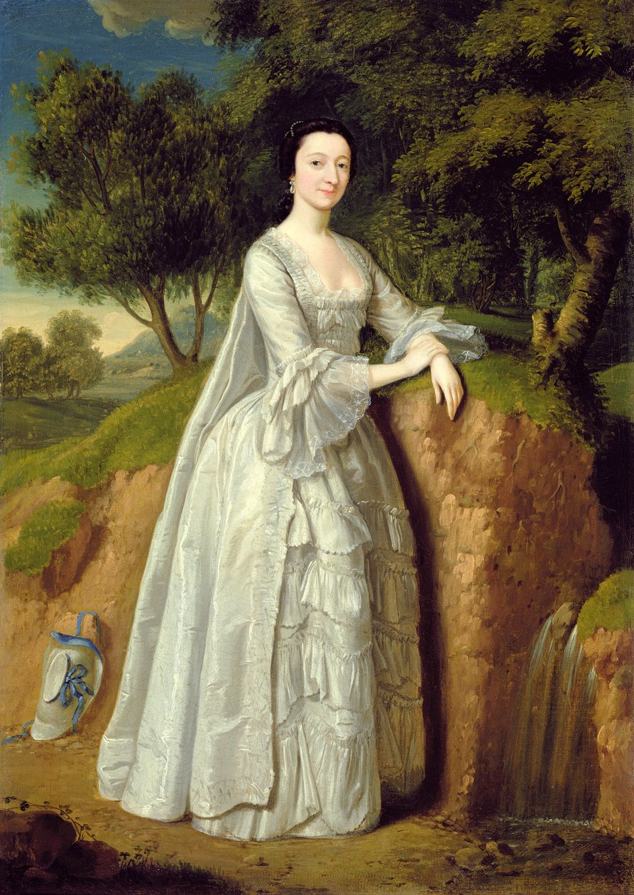 Elizabeth Montague seisoo metsäisessä maisemassa, n. 1750 (öljy kankaalle) tekijältä Edward Haytley