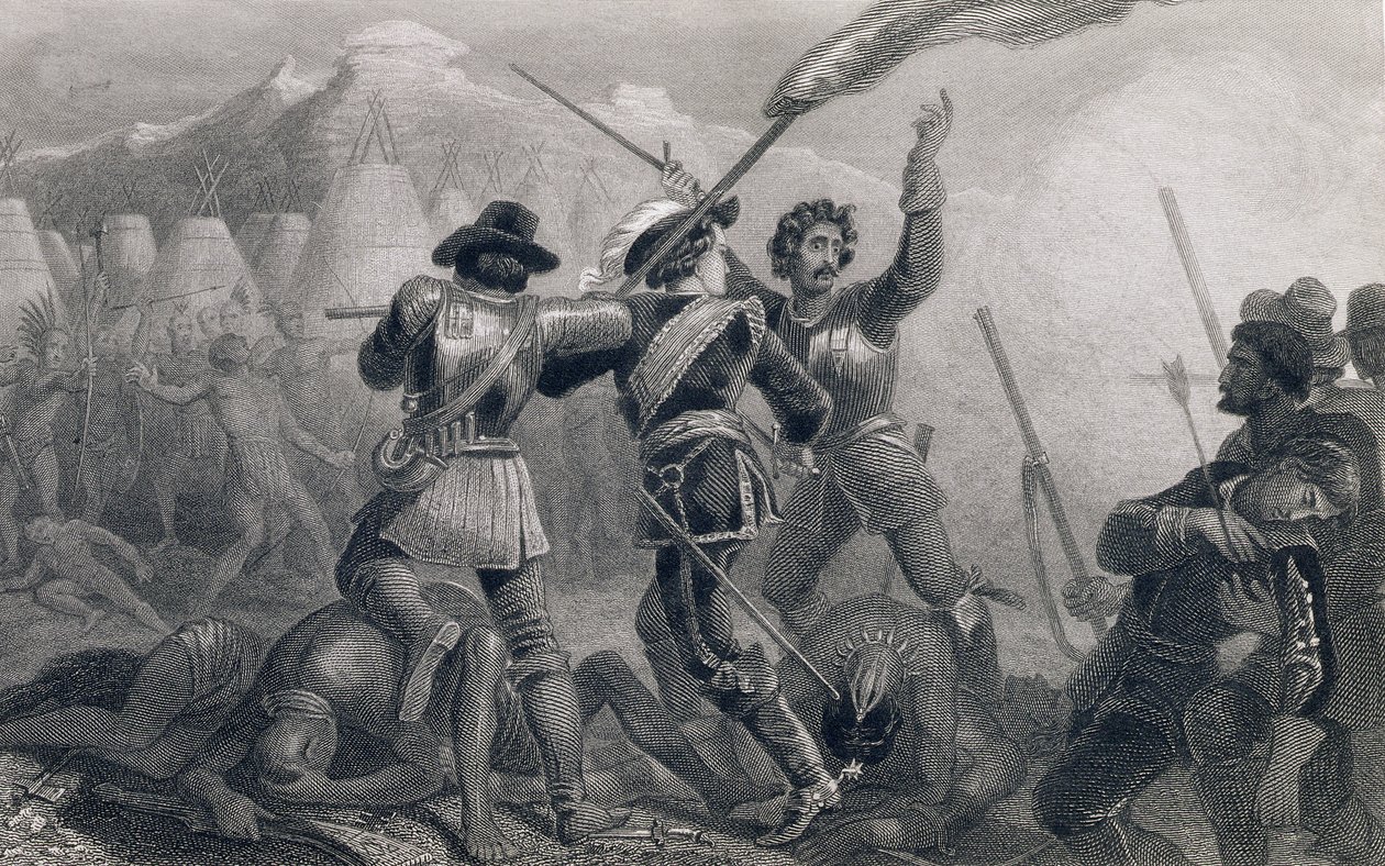 The Pequod War, 1636, julkaisusta "The History of the United States", osa. Minä, Charles Mackay, kaiverrus James Charles Armytage (n. 1820-97) tekijältä Edward Henry Corbould