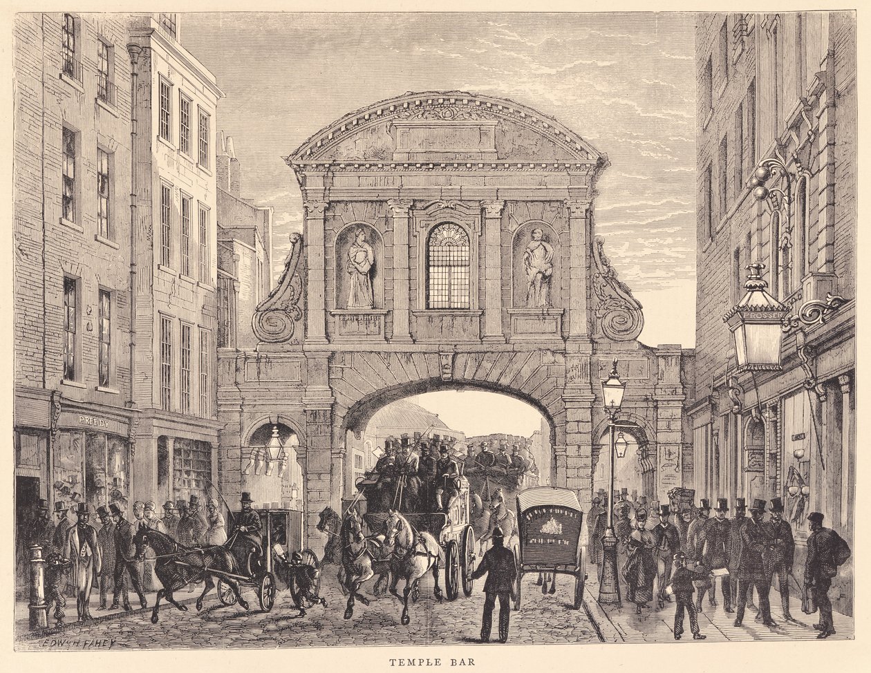 Temple Bar Fleet Streetillä, noin 1870 tekijältä Edward Henry Fahey