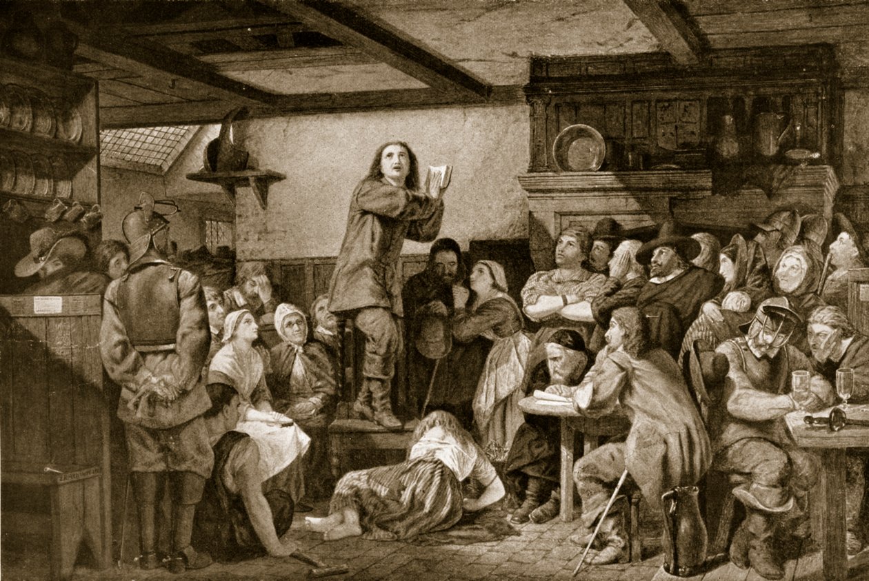 George Fox saarnaa tavernassa, noin 1650 tekijältä Edward Henry Wehnert