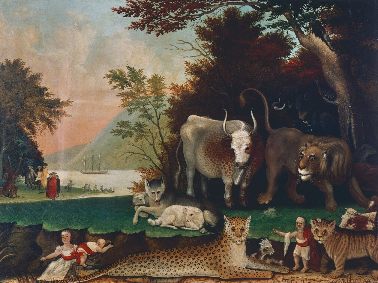 Rauhallinen kuningaskunta, n. 1848, Edward Hicksin (1780-1849) maalaus, öljy kankaalle, 60,6x81 cm, USA tekijältä Edward Hicks