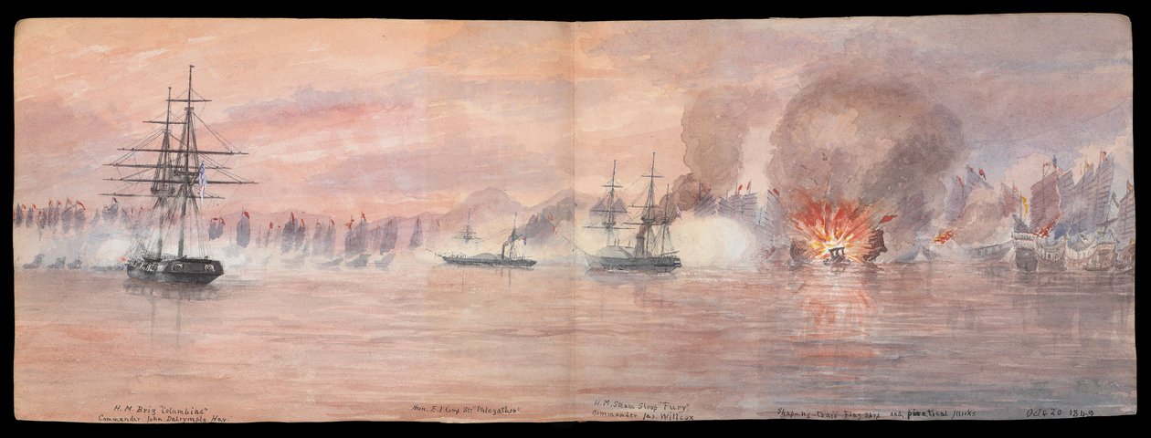 Private Illustrated Journal of Dr E H Cree, Volume XII 1849, taitto vastapäätä sivuja 73-74, "Hyökkäys Shap-ng-tsain merirosvolaivastoa vastaan Tonquin-joella" 21. lokakuuta 1849 CRJ12 (maalaus). tekijältä Edward Hodges Cree