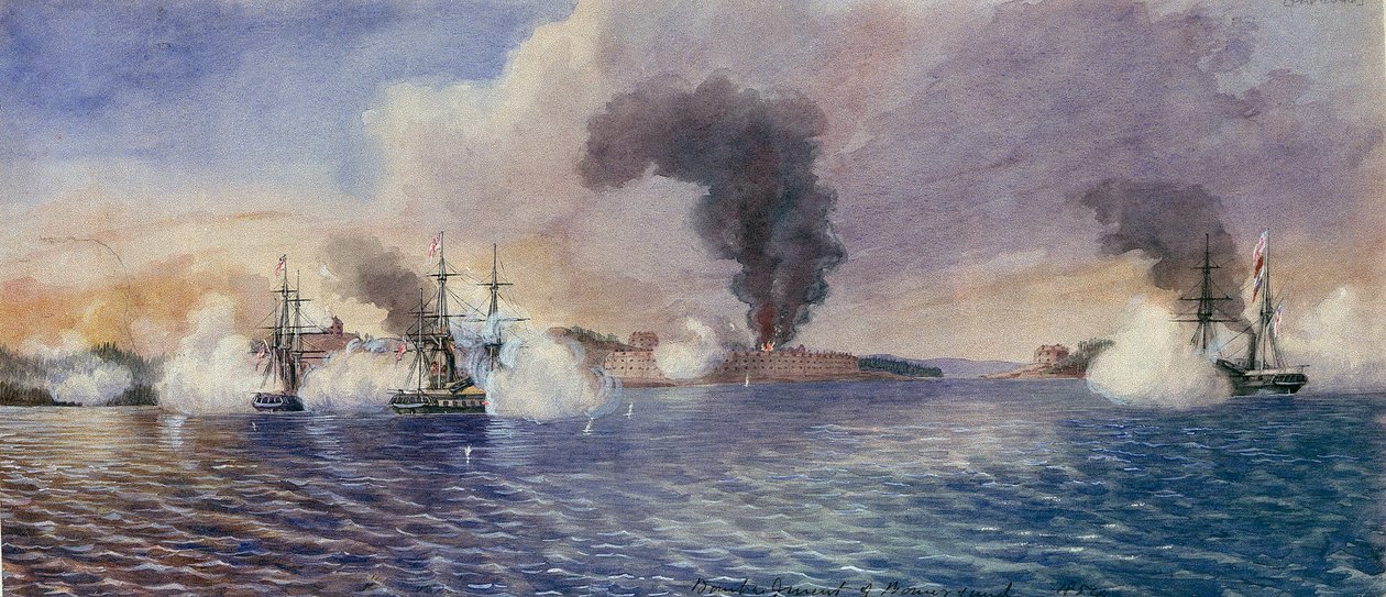 Bomarsundin (Suomi) pommitus elokuussa 1854 Krimin sodan (1853-1856) aikana. Edward Hodges Creen (1814-1901) akvarelli. tekijältä Edward Hodges Cree