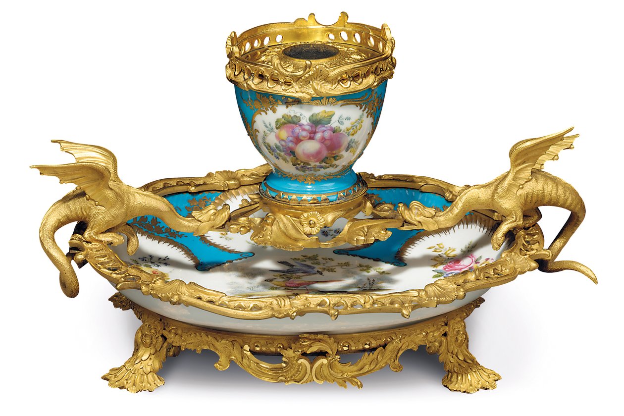 William IV Sevres -tyylinen turkoosi jauhettu encrier, posliini luultavasti 1700-luvulta, ormolu n. 1835-40 tekijältä Edward Holmes Baldock
