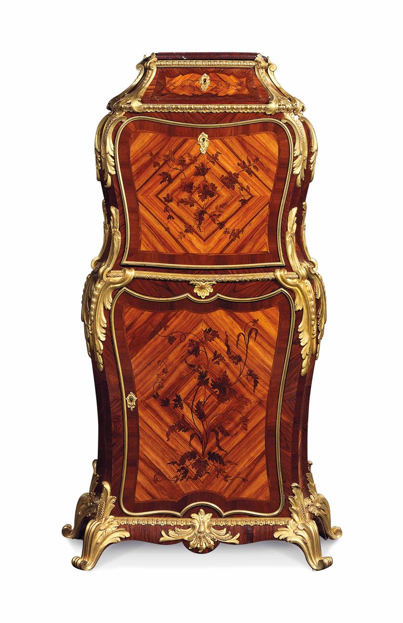 Petit Secretaire abattant, n. 1860 (ormolu kingwoodilla, tulppaanipuulla ja amaranttimarquetterilla) tekijältä Edward Holmes Baldock