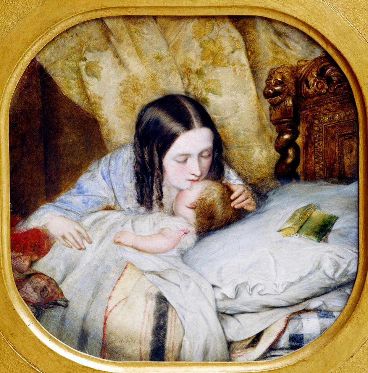 Yön suudelma. Äiti suutelee vauvaansa, joka juuri nukahti. Edward Huguesin (1832 - 1908) maalaus, 1900-luku. Lyon, Musee des Beaux Arts tekijältä Edward Hughes