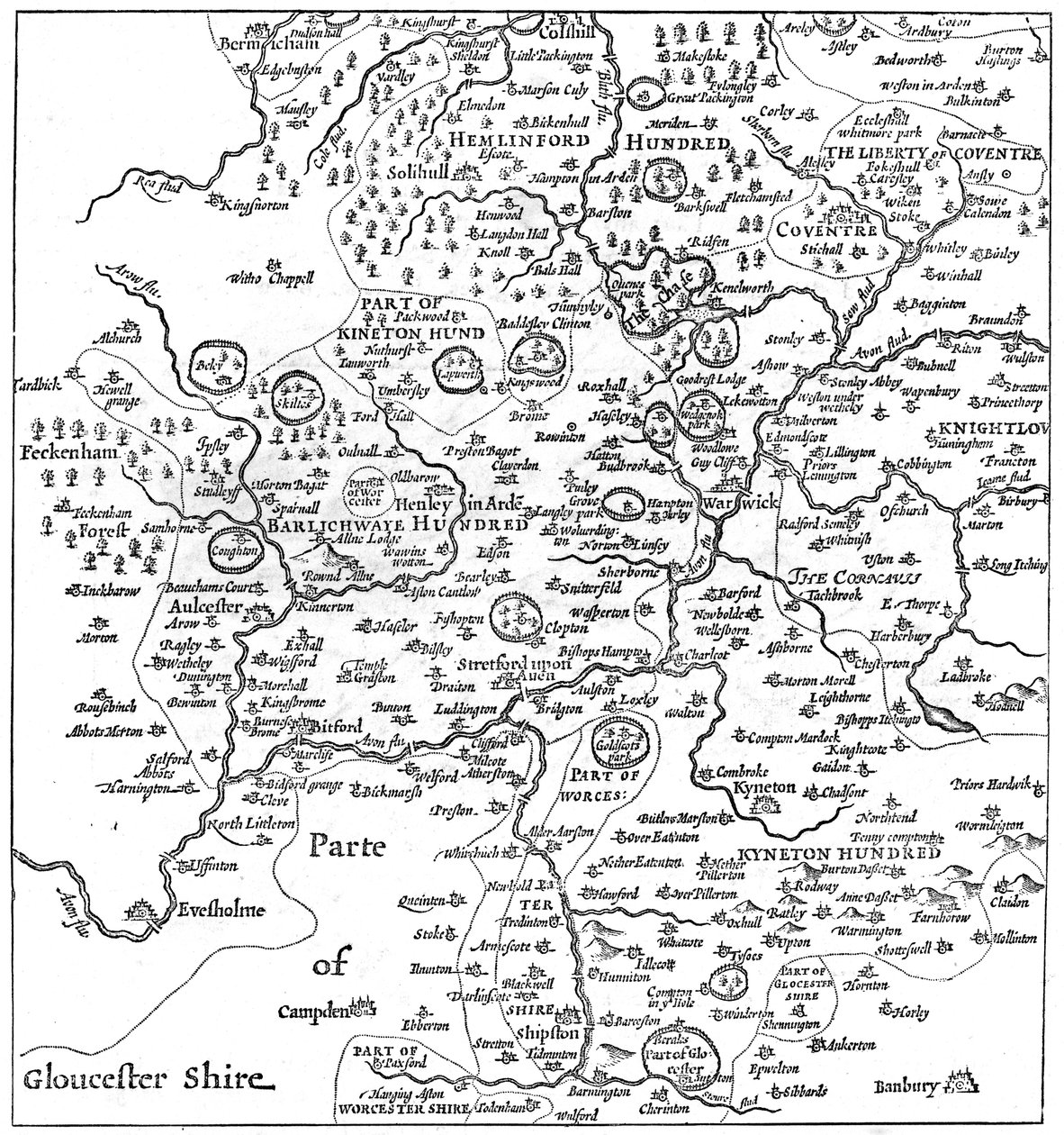 Stratford-upon-Avonin ja sitä ympäröivien alueiden kartta, 1610 1885. tekijältä Edward Hull