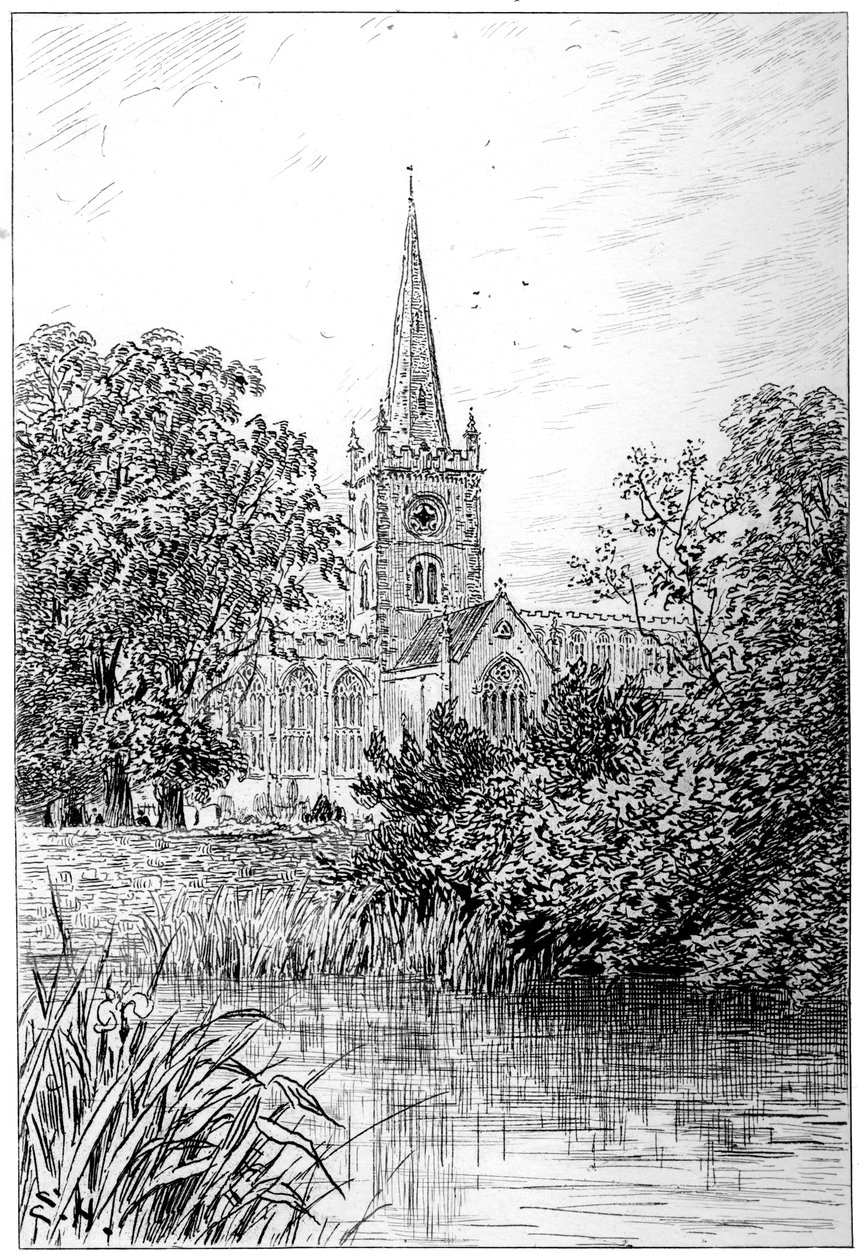 Stratfordin kirkko joelta katsottuna, Stratford-upon-Avon, Warwickshire, 1885. tekijältä Edward Hull
