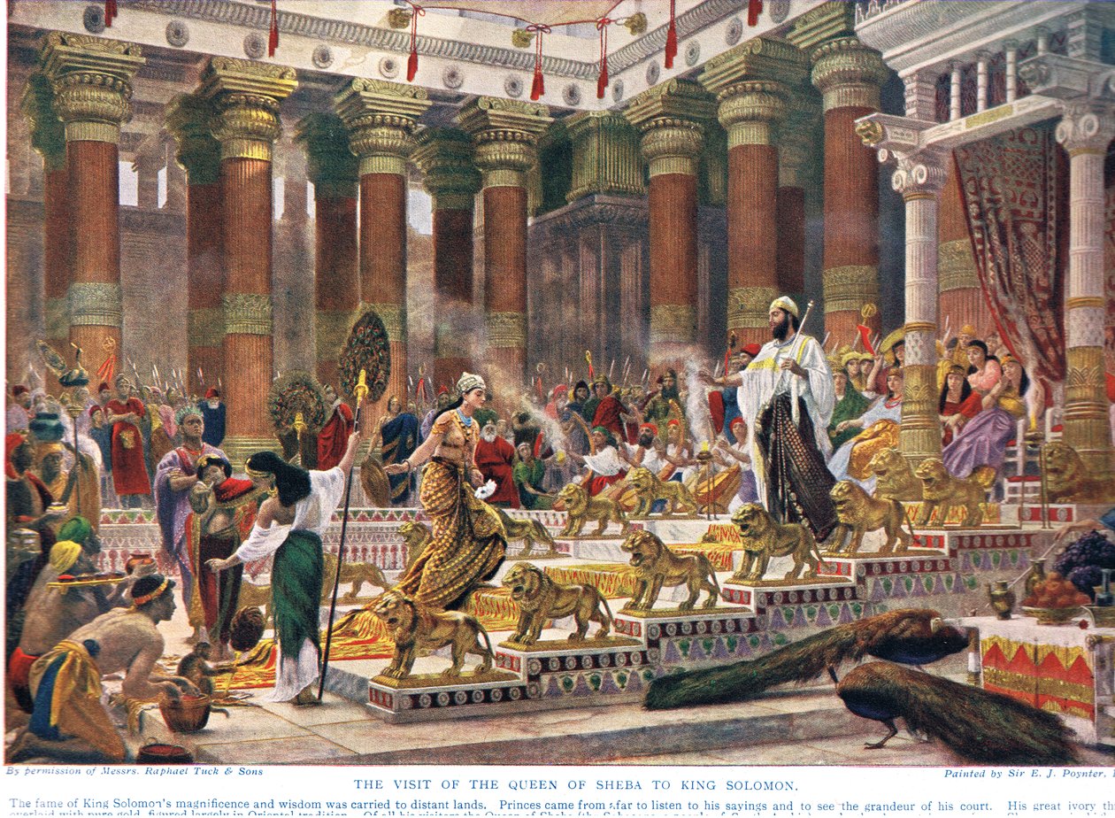 Saban kuningattaren vierailu kuningas Salomonin luo, kuva Hutchinsonin kansojen historiasta, 1900-luvun alku tekijältä Edward John Poynter