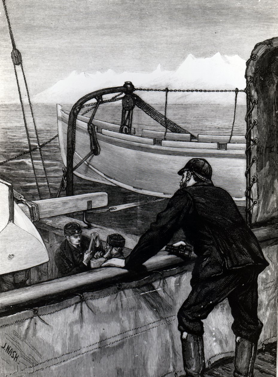 The Arctic Expedition - "Varoitus" lähellä Holsteinborgia, Grönlanti: Sternpost Cutter of Iceboat on Skids, julkaistu The Graphicissa, kaivertanut J. Nash, 1875 tekijältä Edward Lawton Moss
